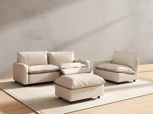 4 Piece Beige Linen Home Living Chaise Sectionals 3 Seater with 1 Ottoman 6