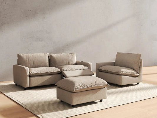 4 Piece Khaki Linen Large Space Chaise Sectionals 3 Seater with 1 Ottoman 6