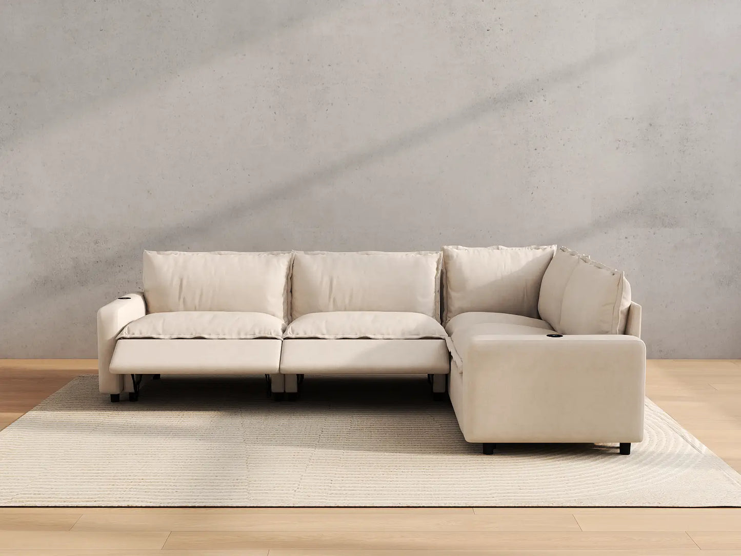 Modular Cero Electric Reclining Sectional | 4-Piece Beige Linen Large Space L-Shaped Sectionals 4-Seater