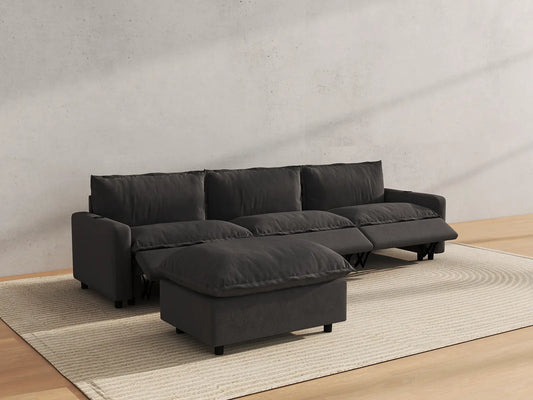 Modular Cero Reclining Sectionals | 4-Piece Grey Linen Large Space L-Shaped Sectionals 3-Seater with 1-Ottoman