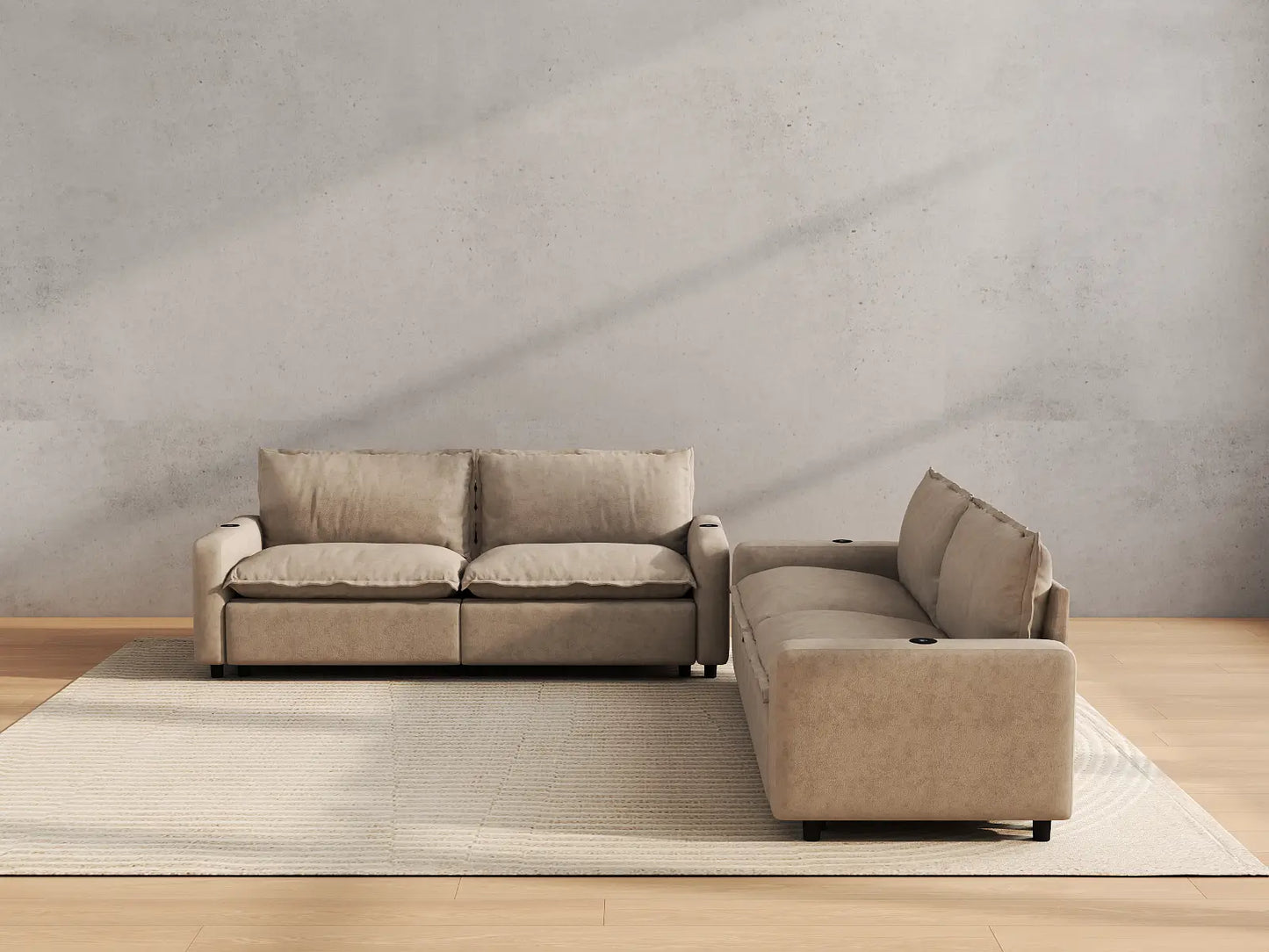 Modular Cero Reclining Sectionals | 4-Piece Khaki Linen Grand Estate V-Shaped Sectionals 4-Seater