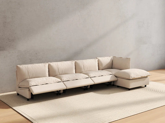 5 Piece Beige Linen Back Pain Relief L Shaped Sectionals 4 Seater with 1 Ottoman 6