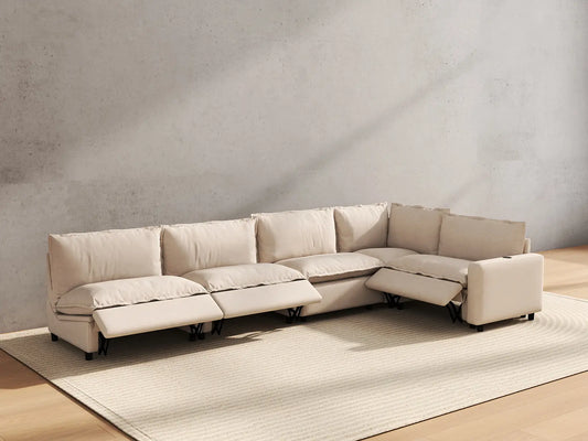 5 Piece Beige Linen Family Room L Shaped Sectionals 5 Seater 6