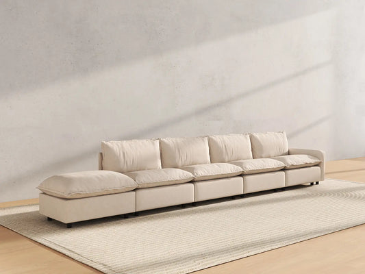 5 Piece Beige Linen Large Space Couch Sectionals 4 Seater with 1 Ottoman 4