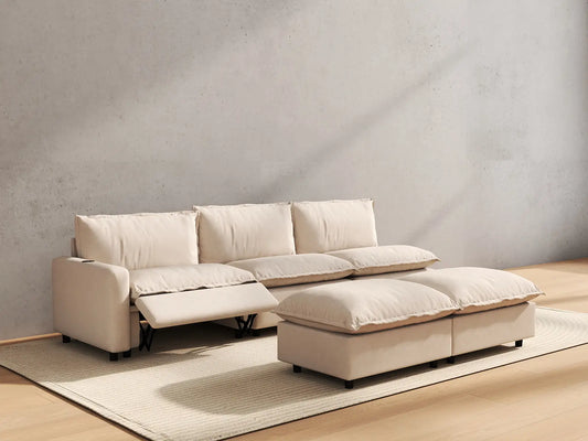 5 Piece Beige Linen Open Plan Sofa Sets 3 Seater with 2 Ottomans 6