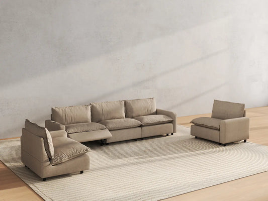 5 Piece Khaki Linen High Ceiling Room U Shaped Sectionals 5 Seater 6