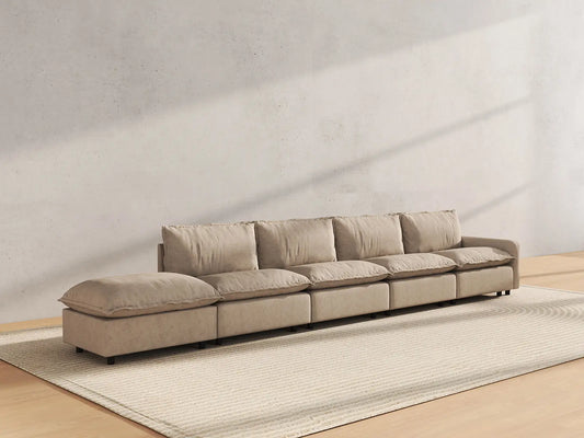 5 Piece Khaki Linen Large Space Couch Sectionals 4 Seater with 1 Ottoman 4