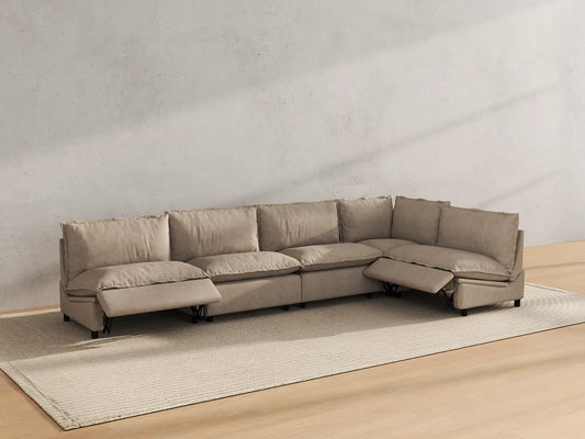 Modular Cero Reclining Sectionals | 5-Piece Khaki Linen Large Space L-Shaped Sectionals 5-Seater