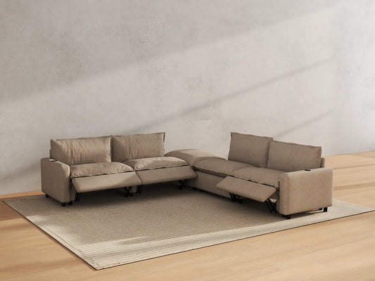 Modular Cero Reclining Sectionals | 5-Piece Khaki Linen Large Space V-Shaped Sectionals 4-Seater with 1-Ottoman