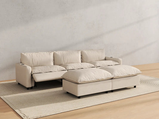 Modular Cero Reclining Sectionals | 5-Piece Beige Linen Grand Estate U-Shaped Sectionals 3-Seater with 2-Ottomans