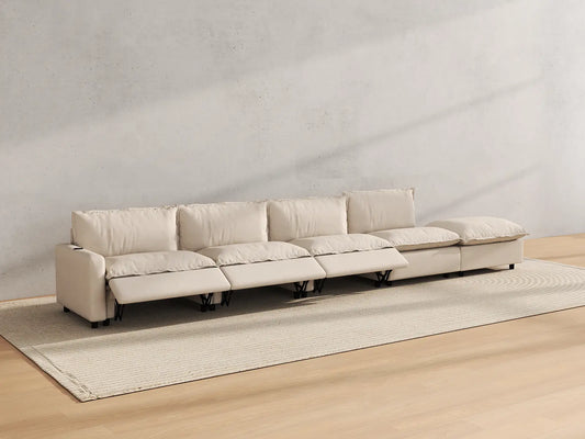 Modular Cero Reclining Sectionals | 5-Piece Beige Linen Large Space Couch Sectionals 4-Seater with 1-Ottoman