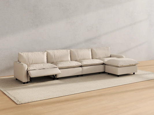 Modular Cero Reclining Sectionals | 5-Piece Beige Linen Large Space L-Shaped Sectionals 4-Seater with 1-Ottoman