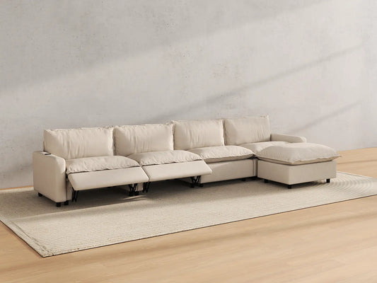Modular Cero Reclining Sectionals | 5-Piece Beige Linen Large Space L-Shaped Sectionals 4-Seater with 1-Ottoman