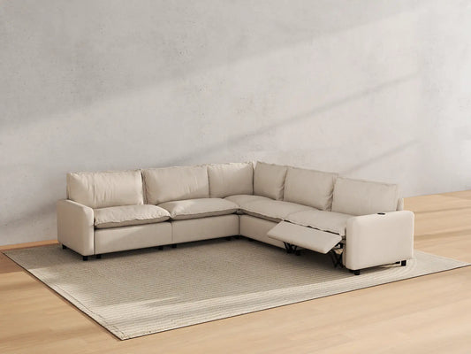 Modular Cero Reclining Sectionals | 5-Piece Beige Linen Large Space V-Shaped Sectionals 5-Seater