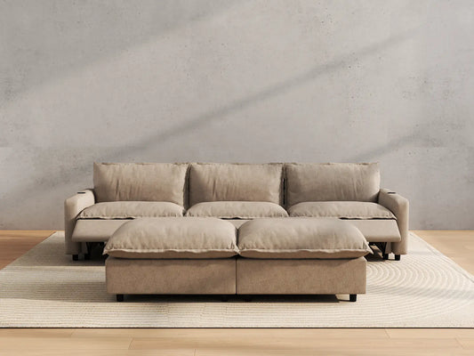 Modular Cero Reclining Sectionals | 5-Piece Khaki Linen Large Space U-Shaped Sectionals 3-Seater with 2-Ottomans