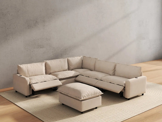 6 Piece Beige Linen Smart Layout Fit Sofa Sets 5 Seater with 1 Ottoman 6