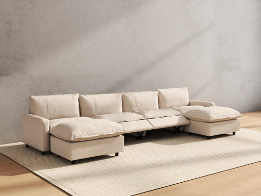 6 Piece Beige Linen Weightless Feel U Shaped Sectionals 4 Seater with 2 Ottomans 6