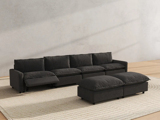 6 Piece Grey Linen Full Leg Rest Sofa Sets 4 Seater with 2 Ottomans 6