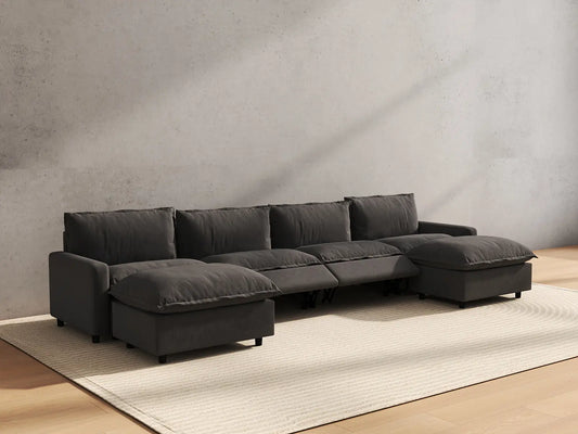 6 Piece Grey Linen No Bad Seats U Shaped Sectionals 4 Seater with 2 Ottomans 6