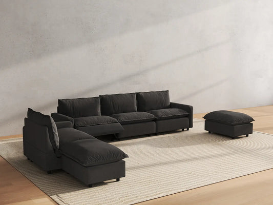 6 Piece Grey Linen Weightless Feel Corner Sectionals 4 Seater with 2 Ottomans 6