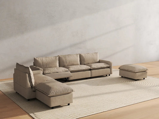 6 Piece Khaki Linen Safe Motion Corner Sectionals 4 Seater with 2 Ottomans 6