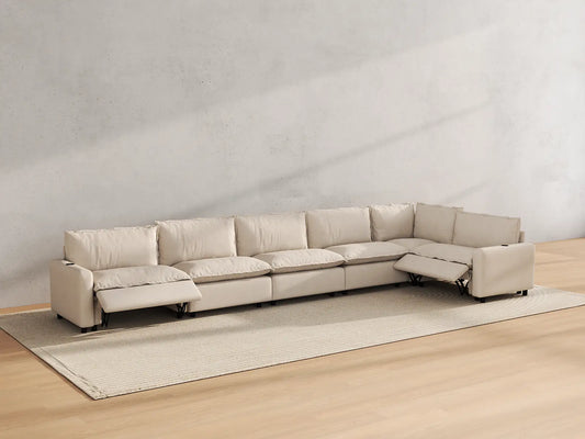 Modular Cero Reclining Sectionals | 6-Piece Beige Linen Large Space L-Shaped Sectionals 6-Seater