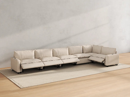 Modular Cero Reclining Sectionals | 6-Piece Beige Linen Large Space L-Shaped Sectionals 6-Seater