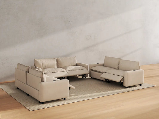 Modular Cero Reclining Sectionals | 6-Piece Beige Linen Large Space U-Shaped Sectionals 6-Seater