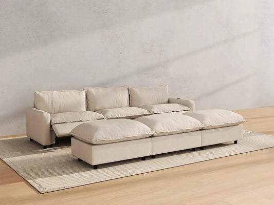 Modular Cero Reclining Sectionals | 6-Piece Beige Linen Open Plan Pit Sectionals 3-Seater with 3-Ottomans
