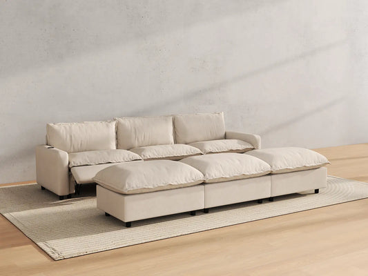 Modular Cero Reclining Sectionals | 6-Piece Beige Linen Open Plan Pit Sectionals 3-Seater with 3-Ottomans