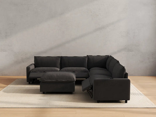 Modular Cero Reclining Sectionals | 6-Piece Grey Linen Open Plan Sofa Sets 5-Seater with 1-Ottoman