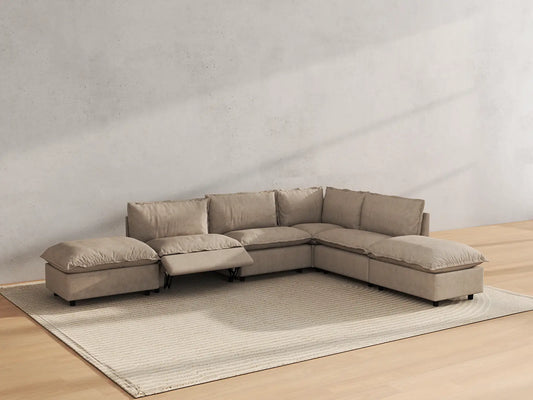 Modular Cero Reclining Sectionals | 6-Piece Khaki Linen Home Living L-Shaped Sectionals 4-Seater with 2-Ottomans