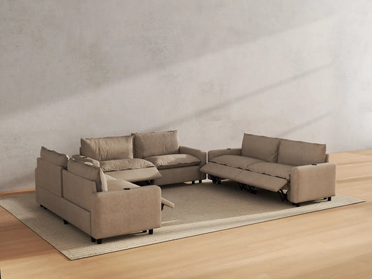 Modular Cero Reclining Sectionals | 6-Piece Khaki Linen Large Space U-Shaped Sectionals 6-Seater