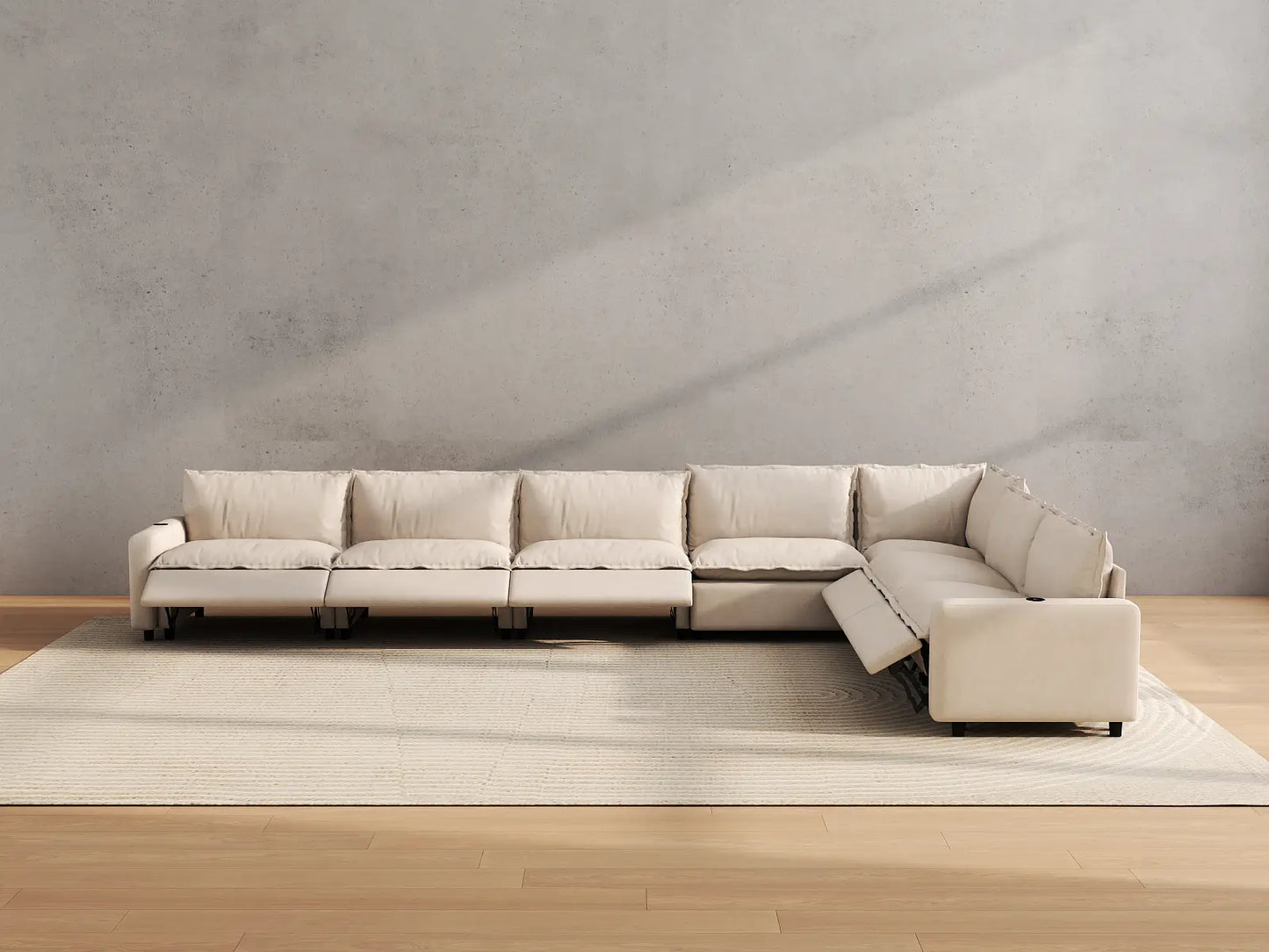 Modular Cero Sectional Reclining Couch | 7-Piece Beige Linen Large Space V-Shaped Sectionals 7-Seater