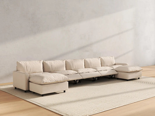 7 Piece Beige Linen Built In Footrest U Shaped Sectionals 5 Seater with 2 Ottomans 6