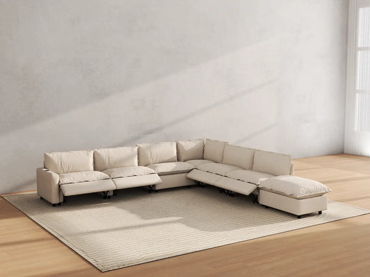 Modular Cero Reclining Sectionals | 7-Piece Beige Linen Grand Estate V-Shaped Sectionals 6-Seater with 1-Ottoman