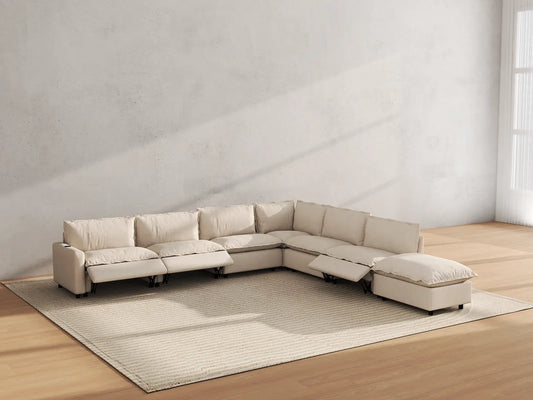Modular Cero Reclining Sectionals | 7-Piece Beige Linen Grand Estate V-Shaped Sectionals 6-Seater with 1-Ottoman