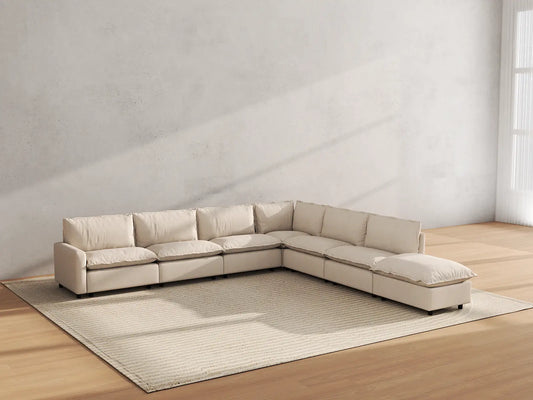 Modular Cero Modular Sectionals | 7-Piece Beige Linen Large Space V-Shaped Sectionals 6-Seater with 1-Ottoman