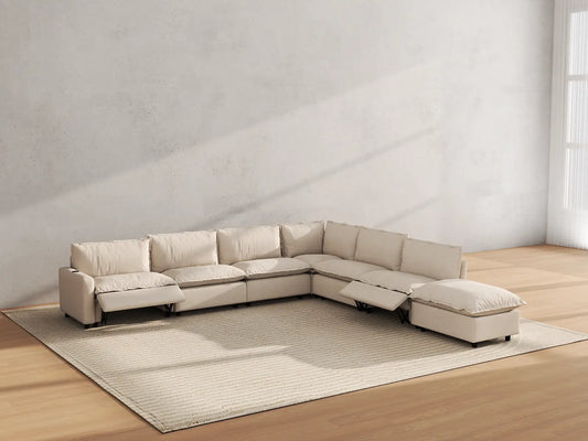 Modular Cero Reclining Sectionals | 7-Piece Beige Linen Large Space V-Shaped Sectionals 6-Seater with 1-Ottoman