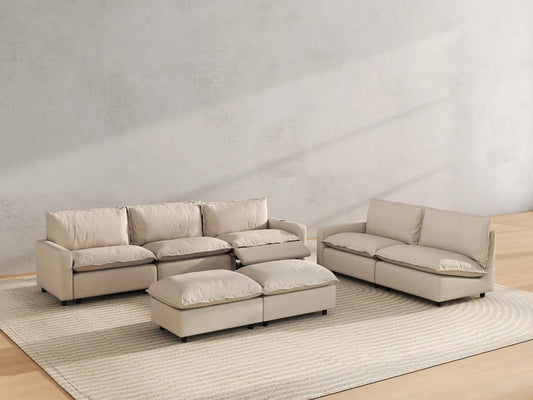 7 Piece Beige Linen Limitless Recline Sofa Sets 5 Seater with 2 Ottomans 6