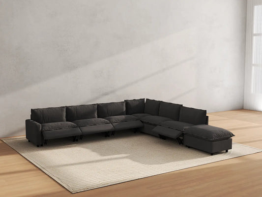 Modular Cero Reclining Sectionals | 7-Piece Grey Linen Grand Estate V-Shaped Sectionals 6-Seater with 1-Ottoman