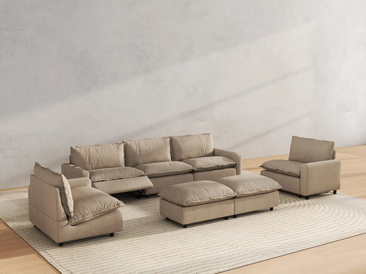 7 Piece Khaki Linen Everyone Reclines Sofa Sets 5 Seater with 2 Ottomans 6