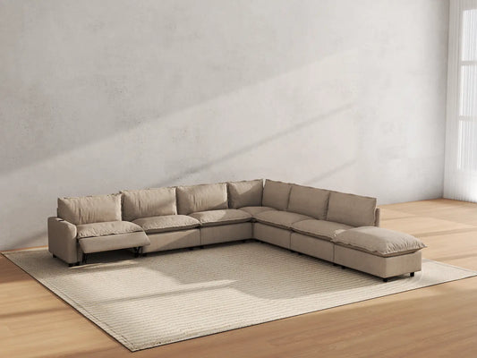 Modular Cero Reclining Sectionals | 7-Piece Khaki Linen Grand Estate V-Shaped Sectionals 6-Seater with 1-Ottoman