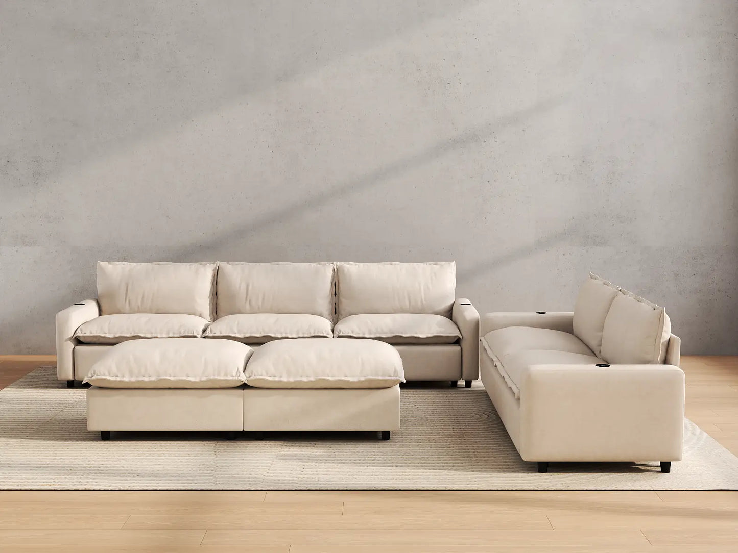 Modular Cero Reclining Sectionals | 7-Piece Beige Linen Large Space Sofa Sets 5-Seater with 2-Ottomans