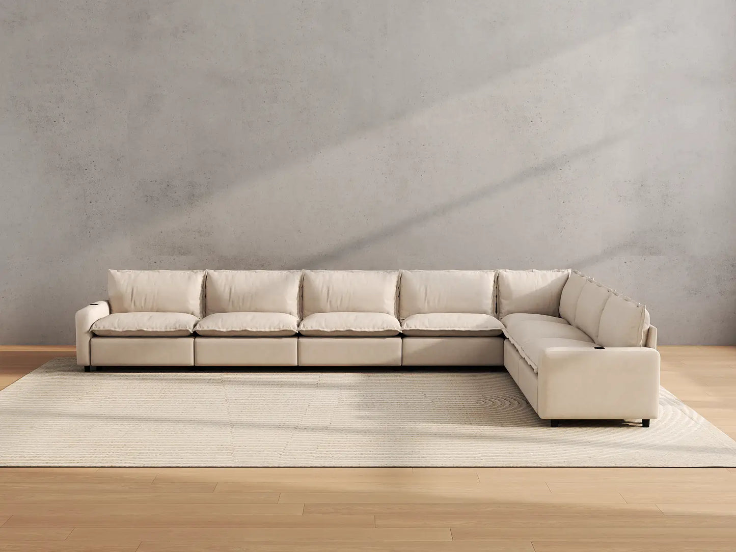 Modular Cero Reclining Sectionals | 7-Piece Beige Linen Large Space V-Shaped Sectionals 7-Seater