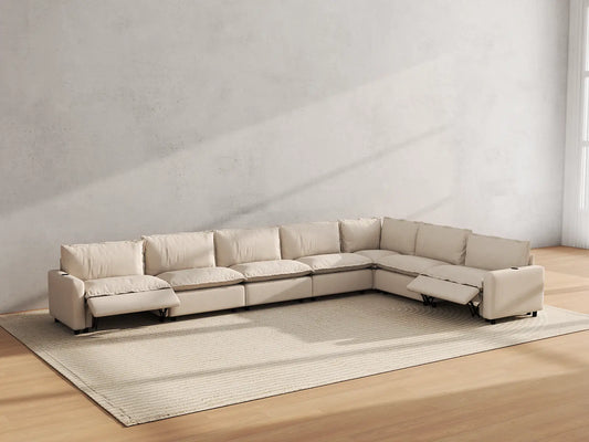 Modular Cero Reclining Sectionals | 7-Piece Beige Linen Large Space V-Shaped Sectionals 7-Seater