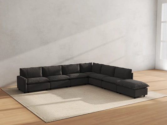 Modular Cero Modular Sectionals | 7-Piece Grey Linen Grand Estate V-Shaped Sectionals 6-Seater with 1-Ottoman