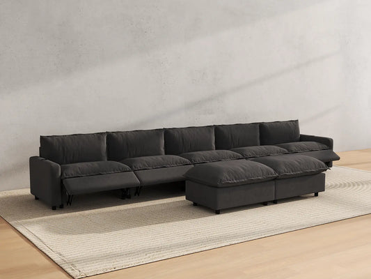 Modular Cero Reclining Sectionals | 7-Piece Grey Linen Large Space Sofa Sets 5-Seater with 2-Ottomans