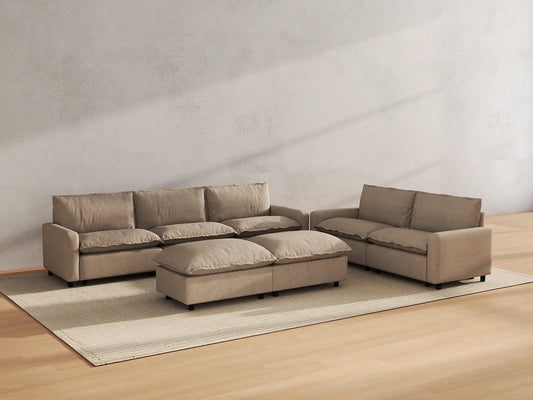Modular Cero Modular Sectionals | 7-Piece Khaki Linen Open Plan Sofa Sets 5-Seater with 2-Ottomans