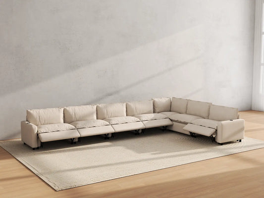 Modular Cero Reclining Sectionals | 7-Piece Beige Linen Large Space V-Shaped Sectionals 7-Seater